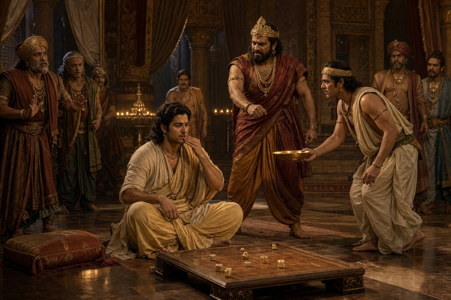 Kanka remains seated after King Virata strikes him, catching blood in a shallow bowl as dice lie on the table and courtiers react.