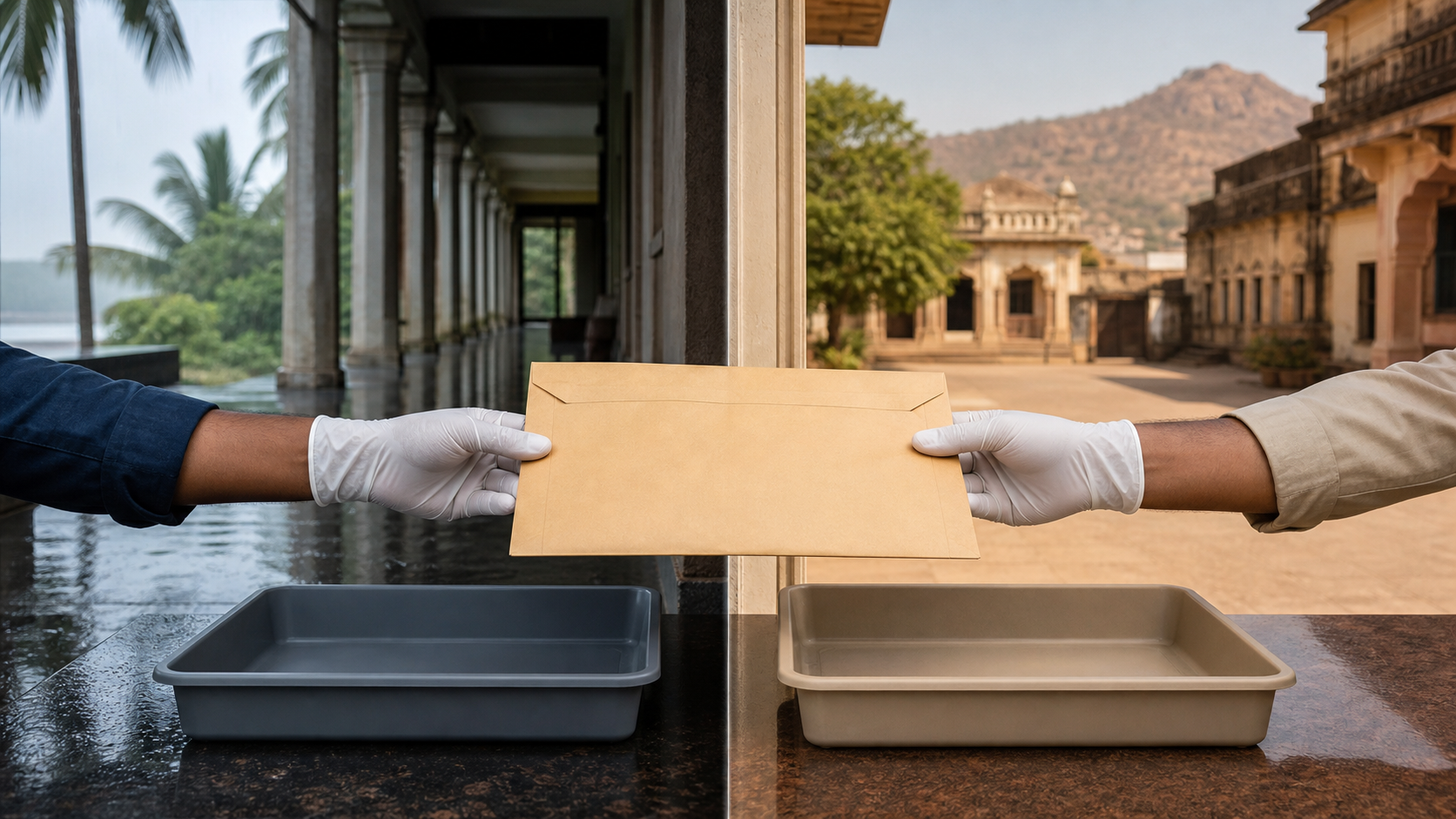 A sealed evidence envelope is transferred between settings representing coastal Kerala and inland central India.