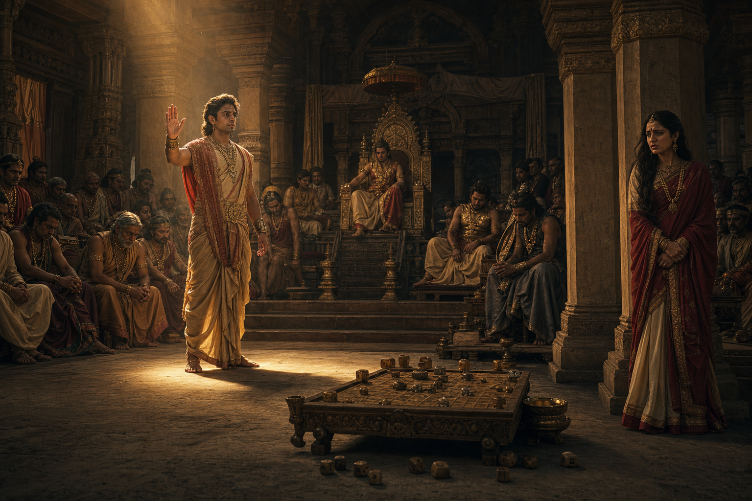 Vikarna raises his hand in objection before a silent royal court while Draupadi stands near a pillar and dice lie in the foreground.