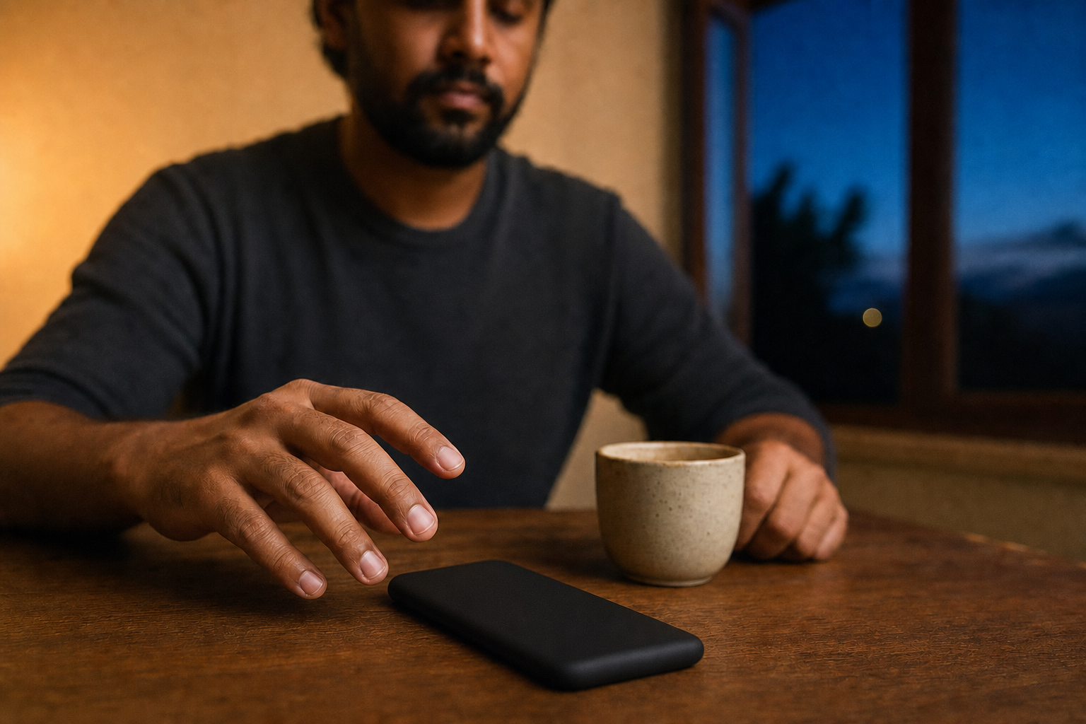 A person's hand pauses above a face-down smartphone on a wooden desk beside a cup of tea at dusk.