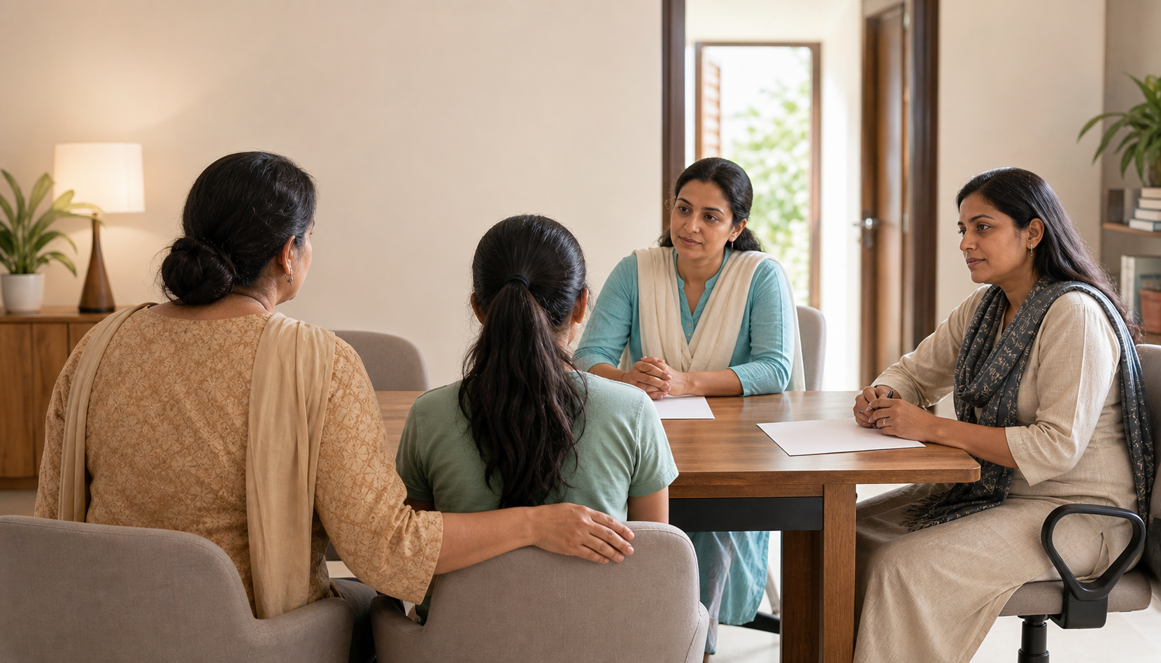 A teenager and supportive family member meet privately with a child-welfare counselor and legal-aid professional.