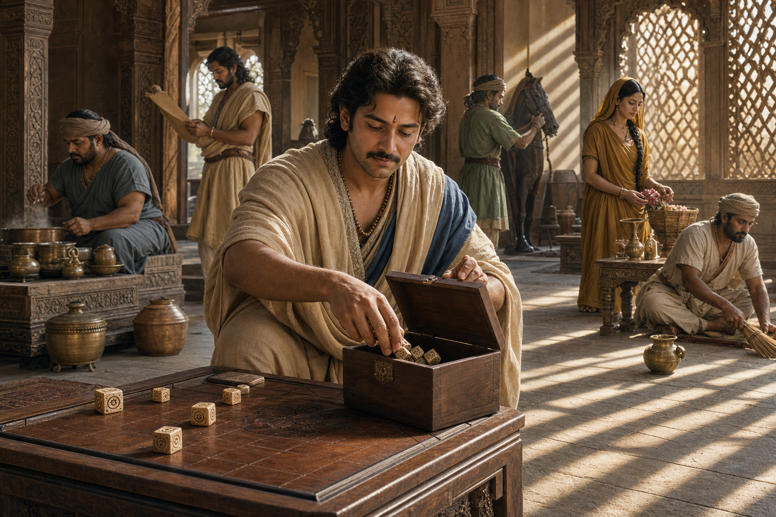 Kanka places carved dice into a wooden box while the other disguised Pandavas and Draupadi carry out palace duties in the background.