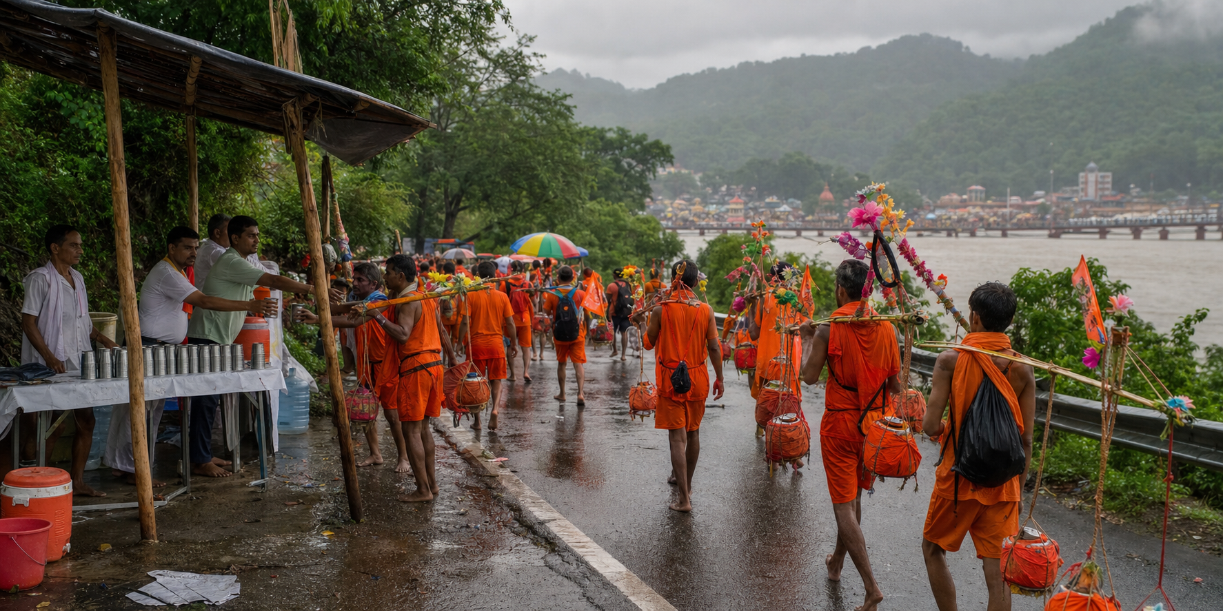 Saffron-clad pilgrims carry bamboo yokes with covered water vessels along a wet monsoon route as volunteers offer drinking water nearby.