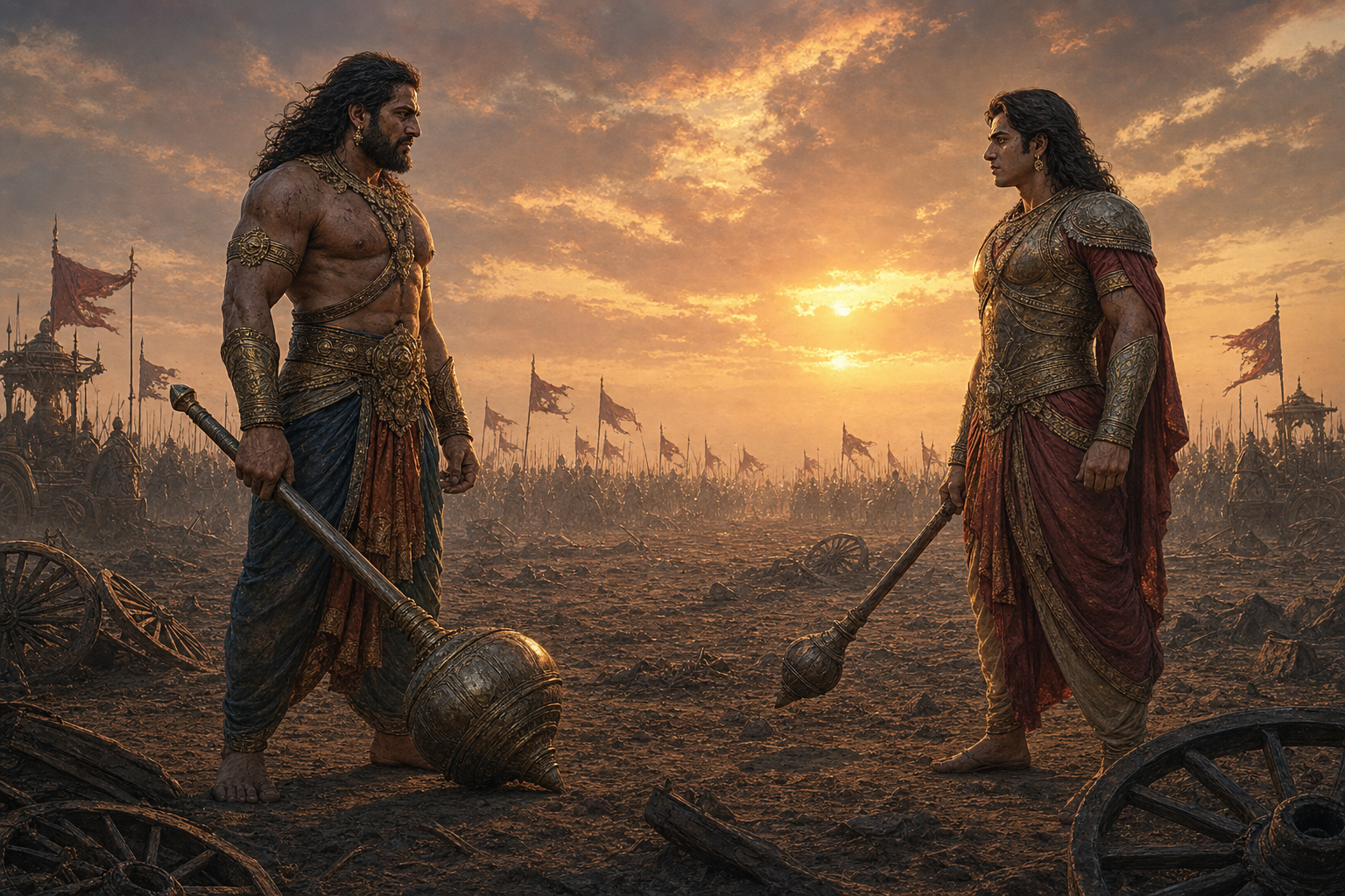 Bhima and Vikarna face each other on a dusty battlefield with lowered weapons and sorrowful expressions before their final combat.