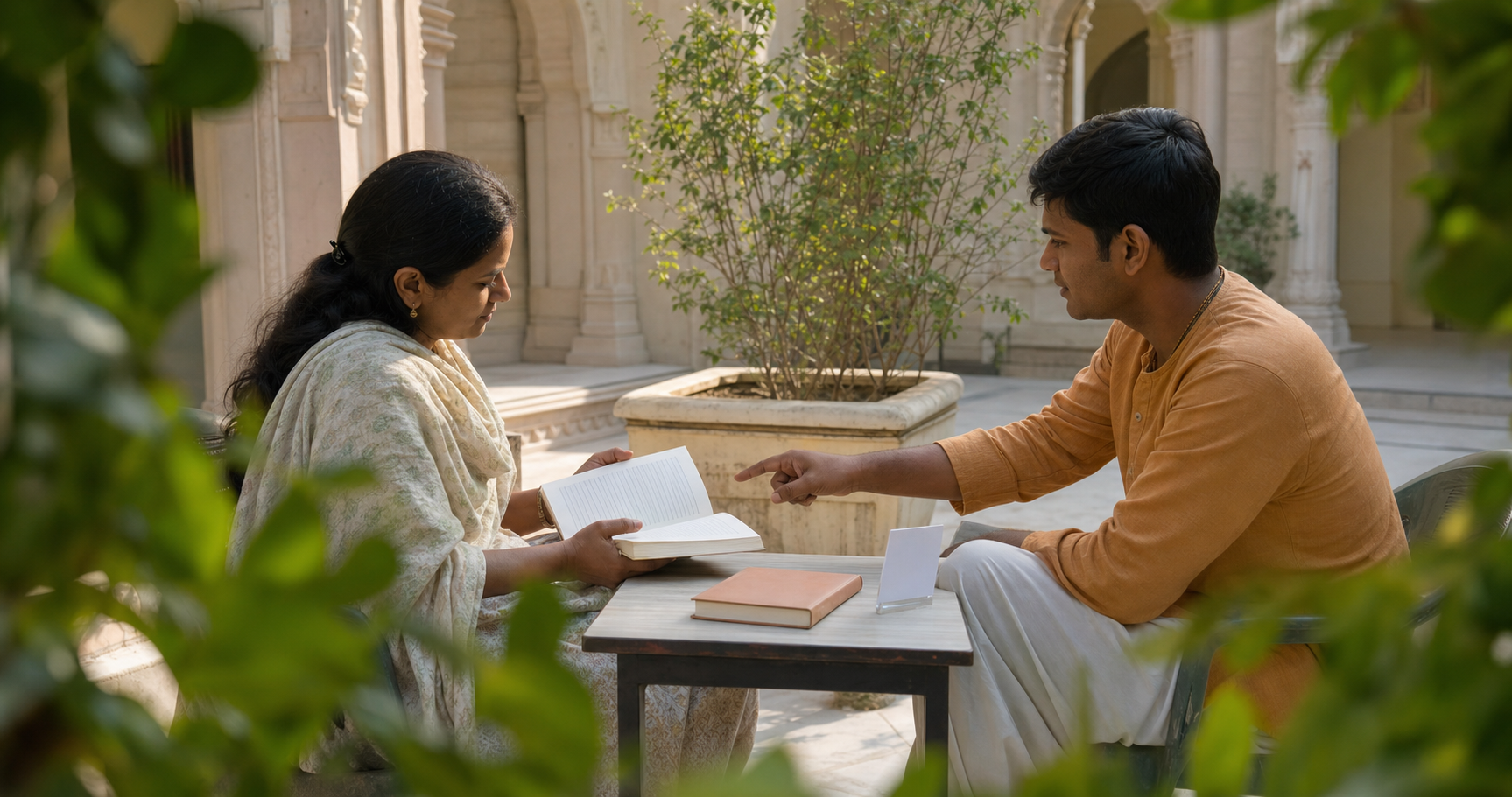 Two adults sit at a courtyard table and discuss an open book during a quiet follow-up study session.