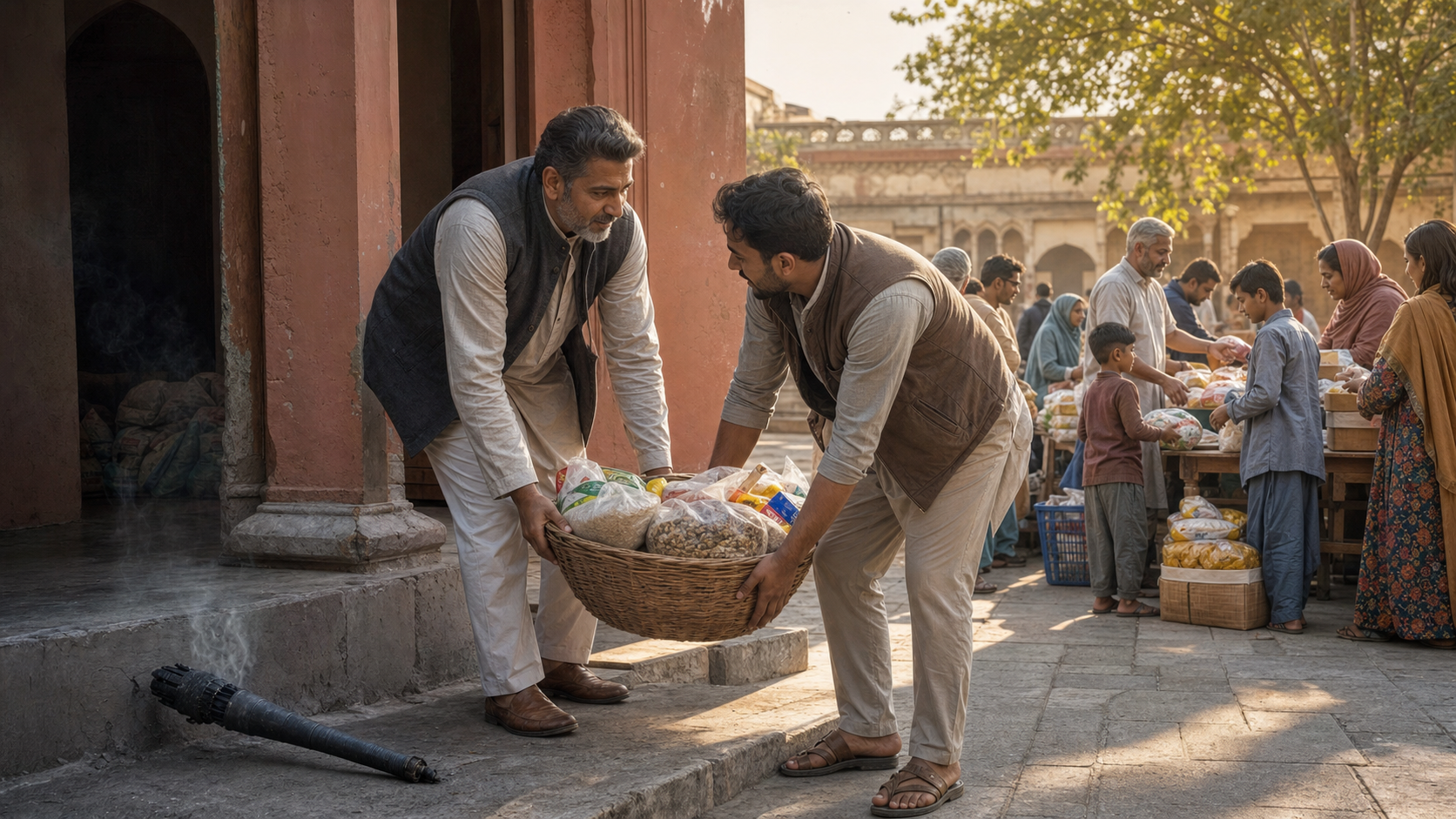 A leader sets down an extinguished torch and joins a volunteer in carrying food while neighbors distribute supplies in a courtyard.