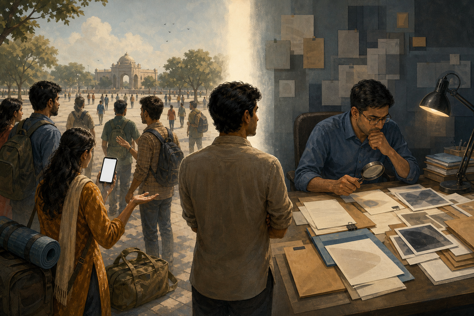 A neutral observer stands between a peaceful gathering invitation on one side and a table of official papers and evidence materials on the other.