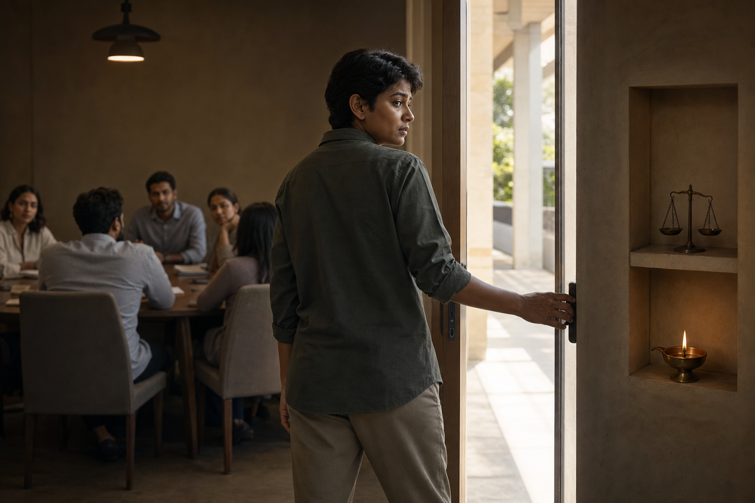 A person pauses in the doorway of a meeting room, looking back at seated colleagues while a bright corridor opens ahead.
