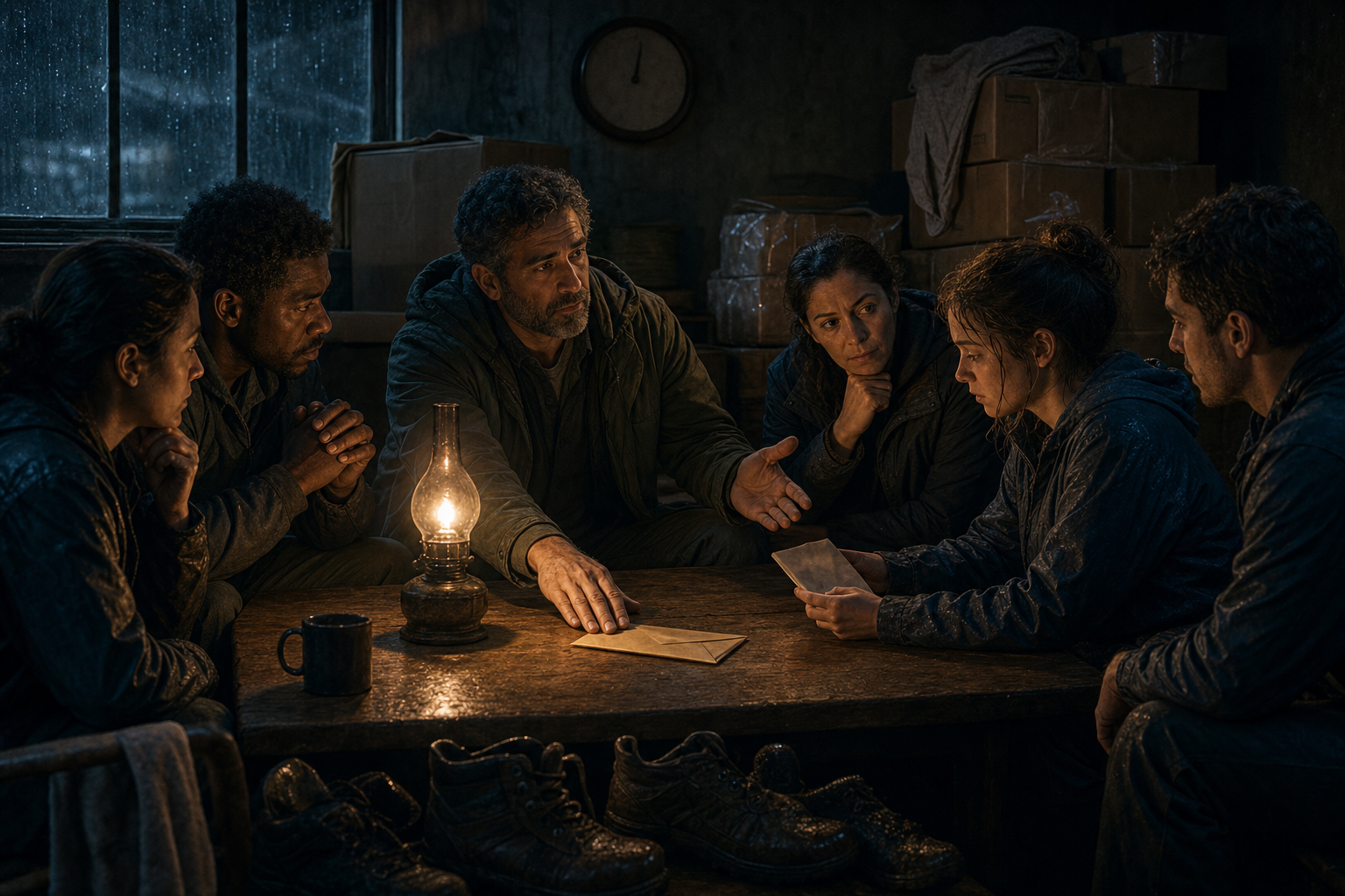 A leadership team meets by lamplight during a storm as the central leader listens to a junior volunteer and pushes aside a sealed envelope.