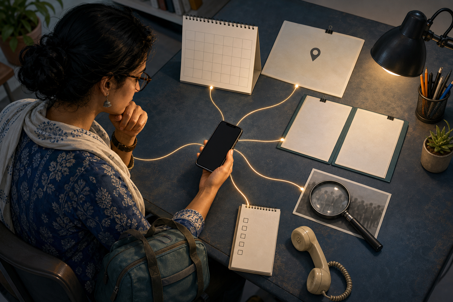 A researcher verifies a smartphone post using a calendar, map pin, source documents, magnifying glass, telephone, and travel safety materials arranged on a desk.