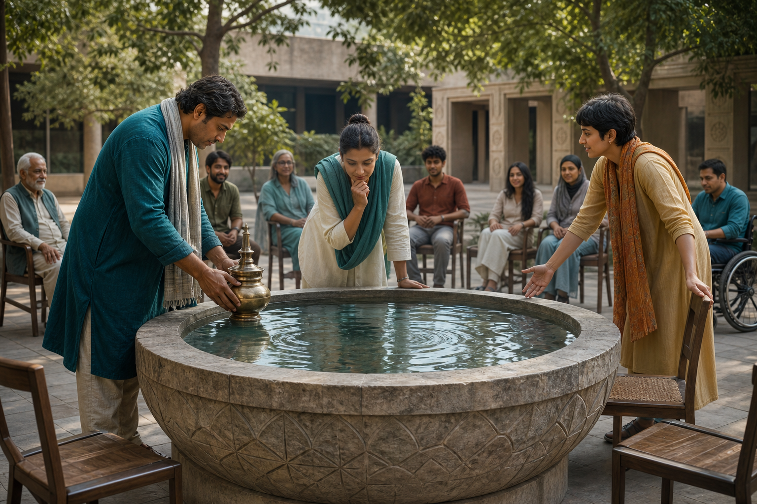 Three people gather around a circular water basin while one balances a vessel, one studies the ripples, and one widens a ring of chairs for a diverse group.
