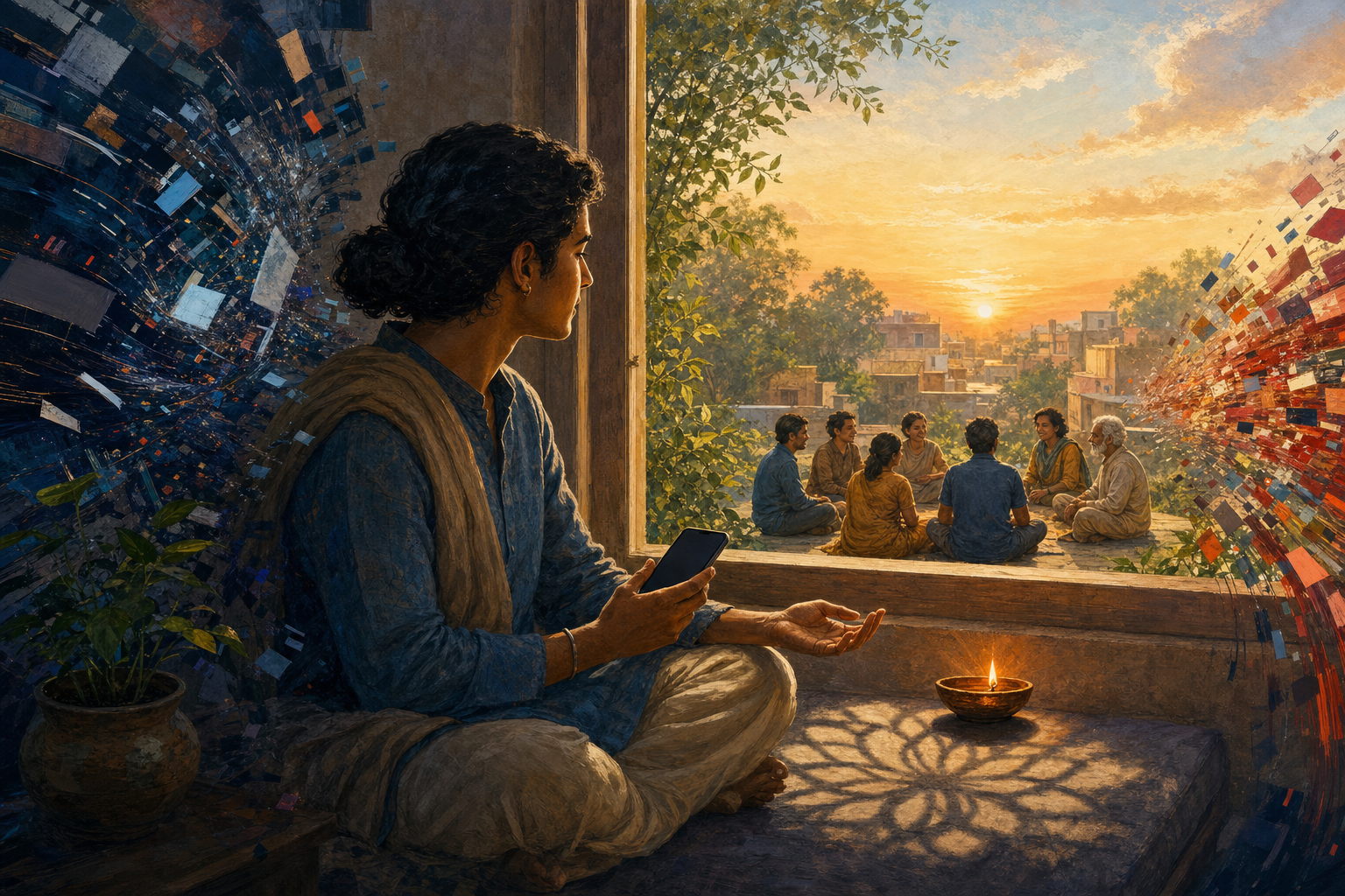 A seated person holds a dimmed smartphone beside an oil lamp while chaotic digital fragments fade into a calm neighborhood conversation at sunrise.