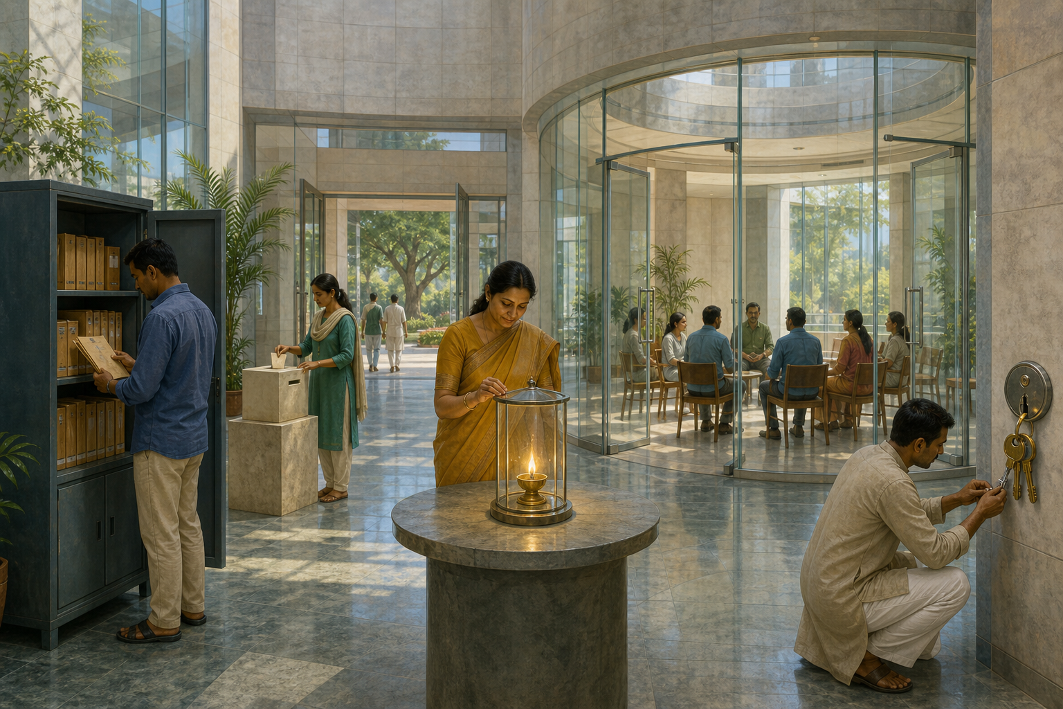 A leader tends a lamp inside a transparent lantern while community members inspect shared records, paired keys, and an open meeting space.