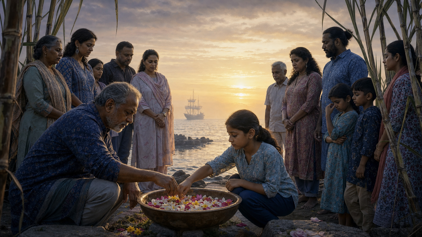 An elder and a child place flower petals in a ceremonial bowl as several generations of an Indian-descended community gather beside a tropical harbor at sunrise.