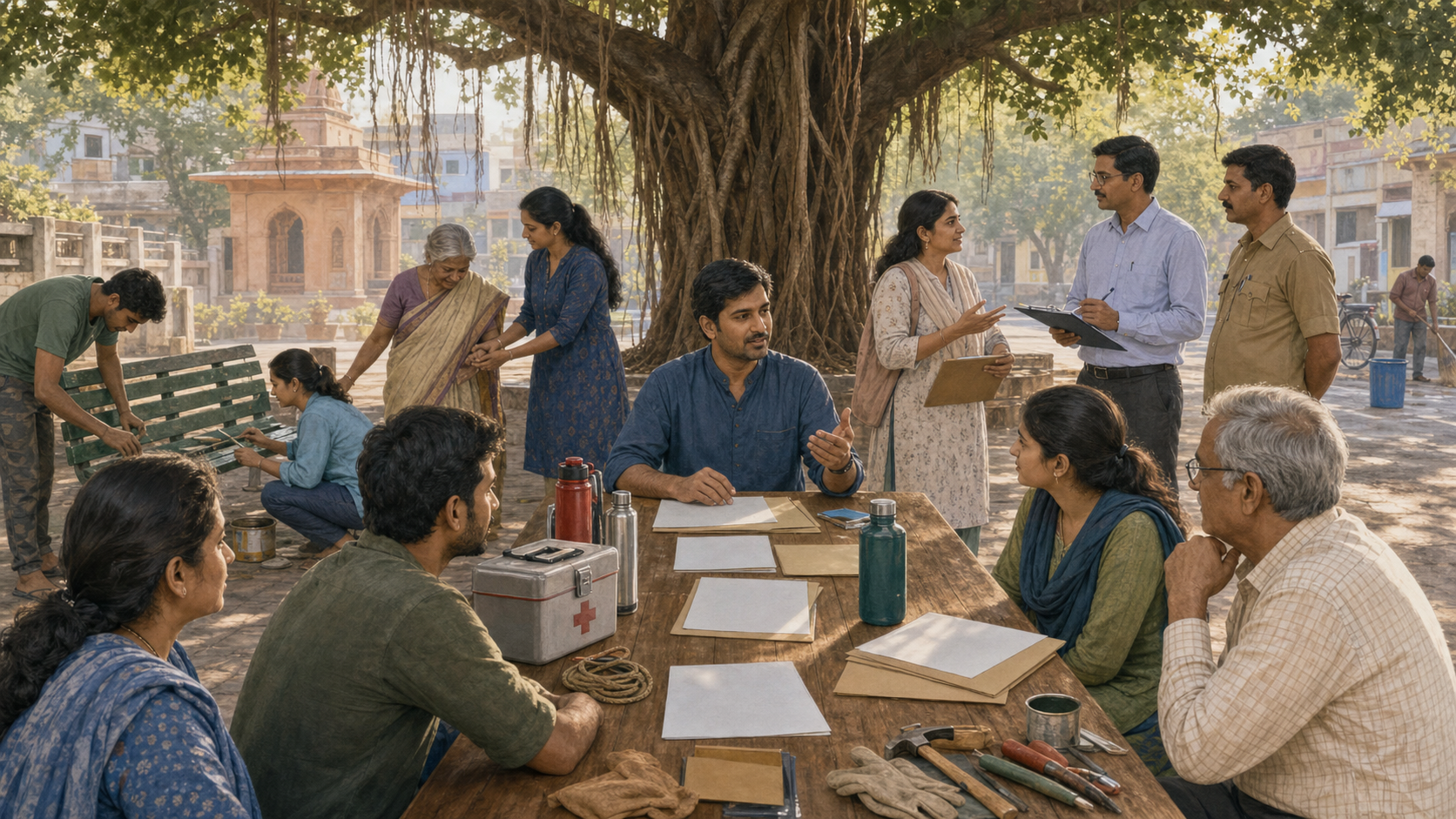 Residents and a municipal official gather beneath a banyan tree while volunteers repair a public bench and organize civic service supplies.