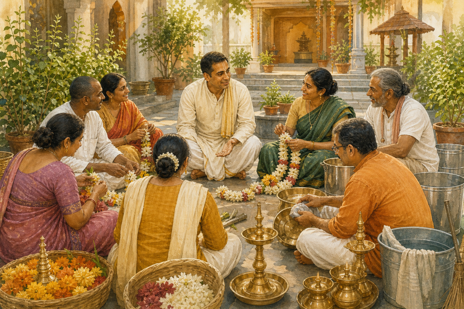 A Vaishnava community leader kneels among volunteers arranging garlands, vessels, lamps, and cleaning supplies in a temple courtyard.