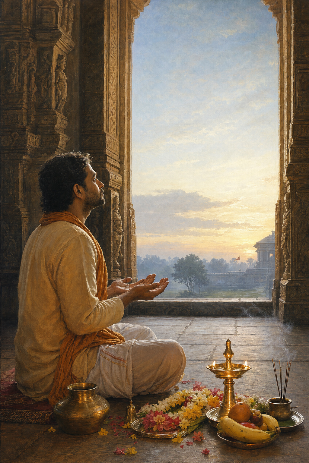 A devotee sits with open hands beside flowers, fruit, incense, a water vessel, and a lit brass lamp in a temple courtyard at dawn.