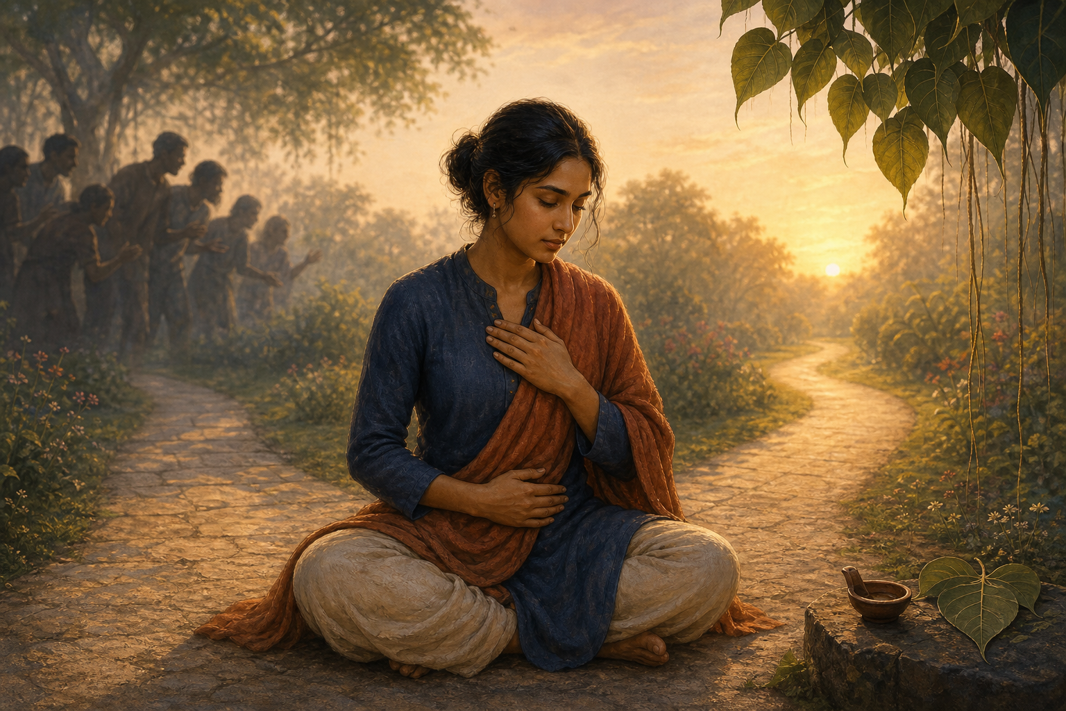 A person pauses with hands on their chest and ribs between a group of waiting figures and a sunlit garden path.
