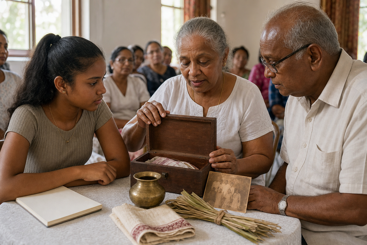 A teenager listens to two elders beside a table holding a brass vessel, folded cloth, sugarcane leaves and an old family photograph.