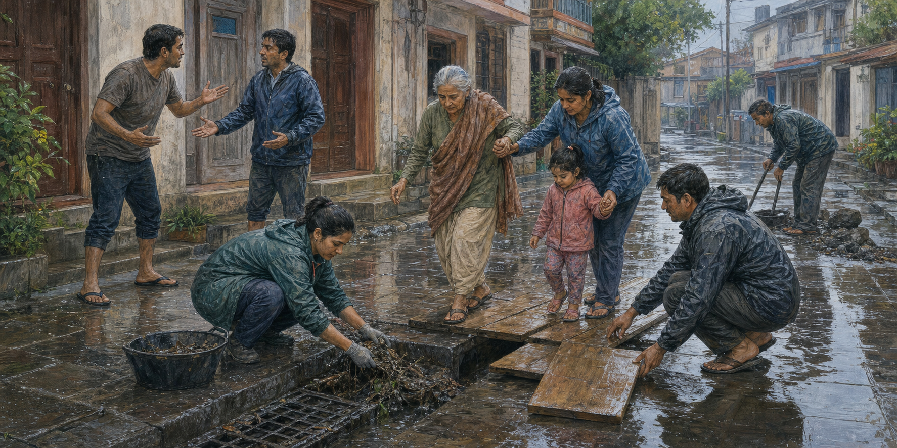 Neighbors clear a rain-blocked street drain and help residents cross a temporary walkway while two former arguers join the work.