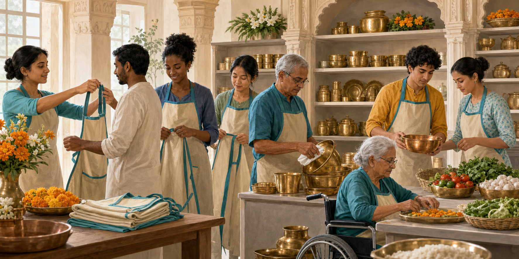 Temple volunteers share meal preparation duties while checking supplies, cleaning vessels, and working at accessible stations.