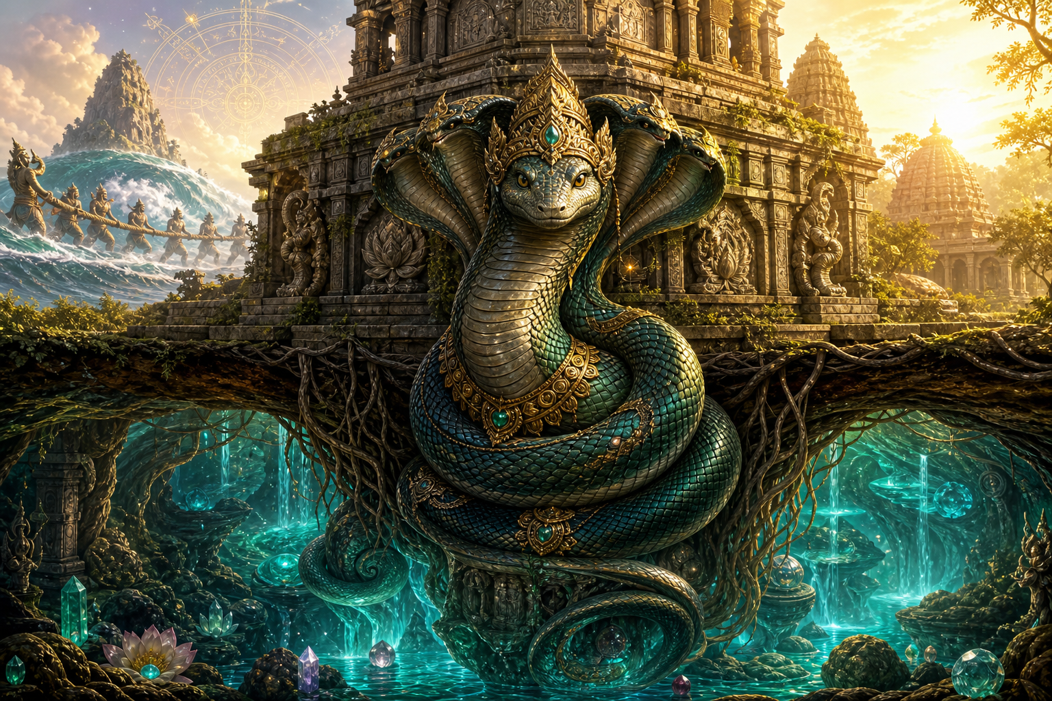 Vasuki, the jeweled Naga guardian, coiled beneath an ancient Hindu temple above glowing sacred waters.