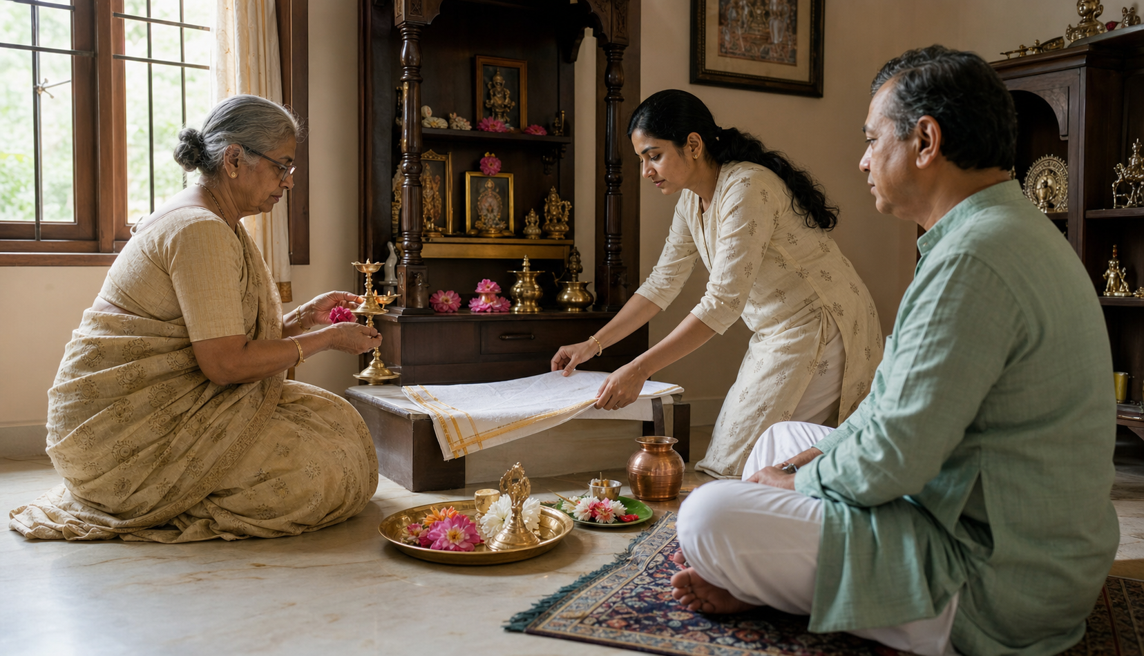 Three generations share a home observance as one person prepares a lamp and flowers, another helps a family member, and a third sits in quiet reflection.