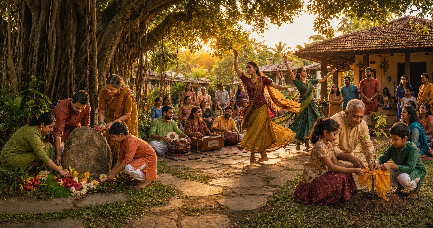 Families gather in a tropical courtyard where people lay flowers at a stone marker, musicians perform and an elder teaches children beside a young plant.