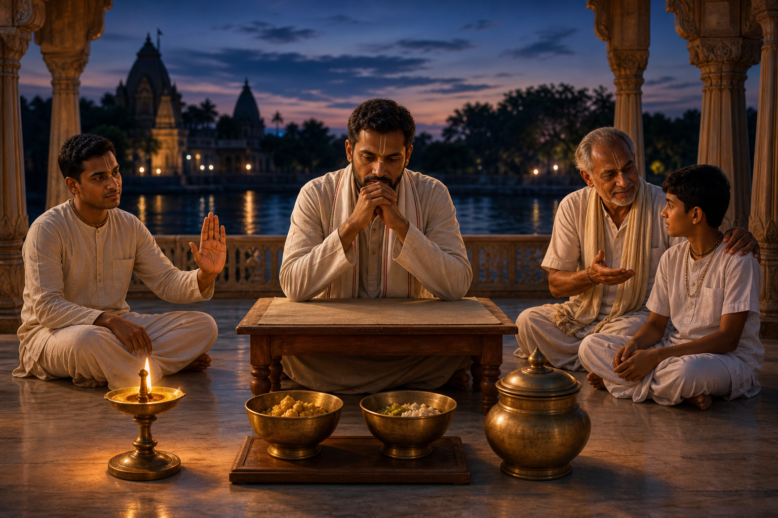 A thoughtful temple organizer considers five arranged symbols: a lamp, a protective hand, balanced bowls, a donation vessel, and an elder guiding a volunteer.