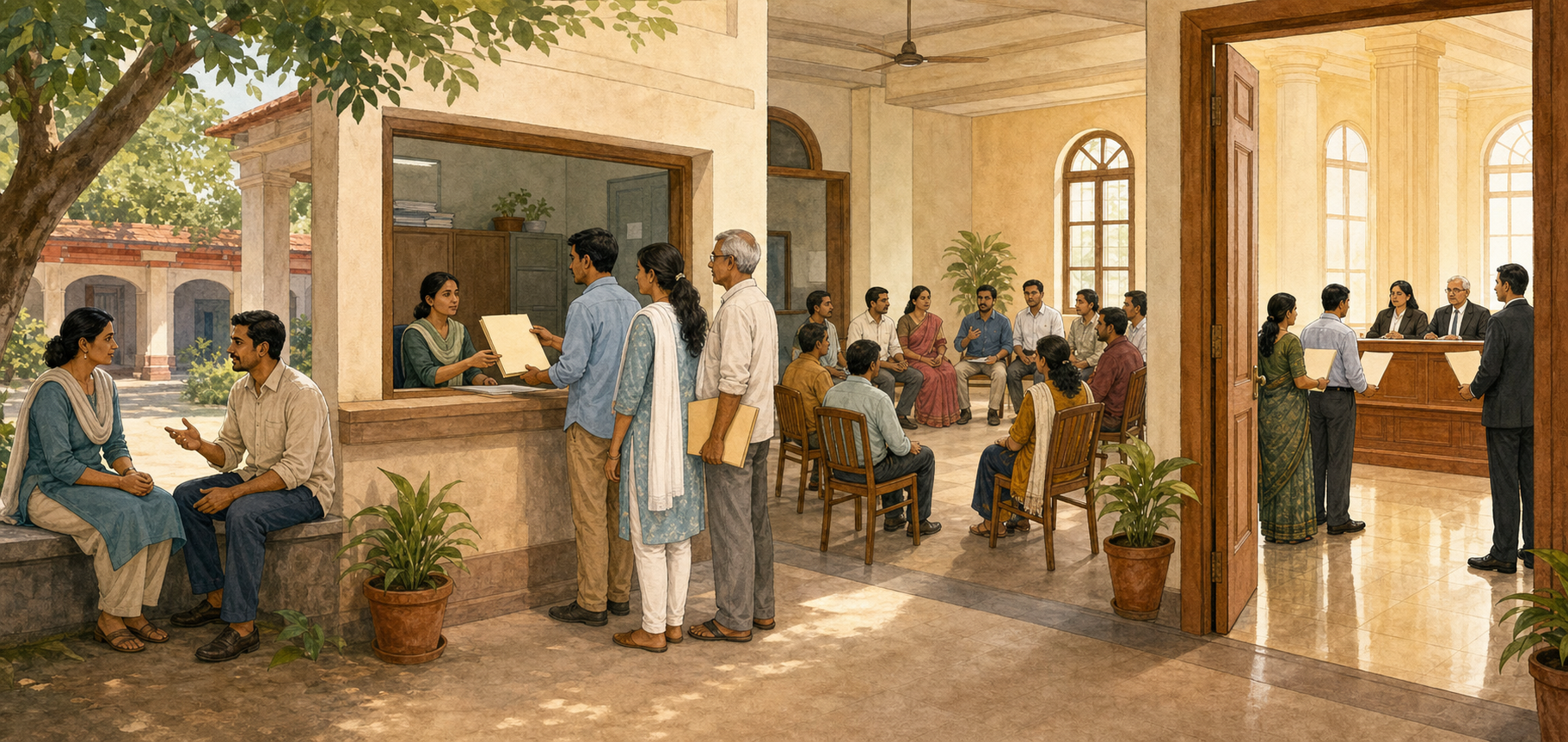Four connected civic scenes show residents moving from direct conversation to a petition, a community meeting, and a formal hearing.