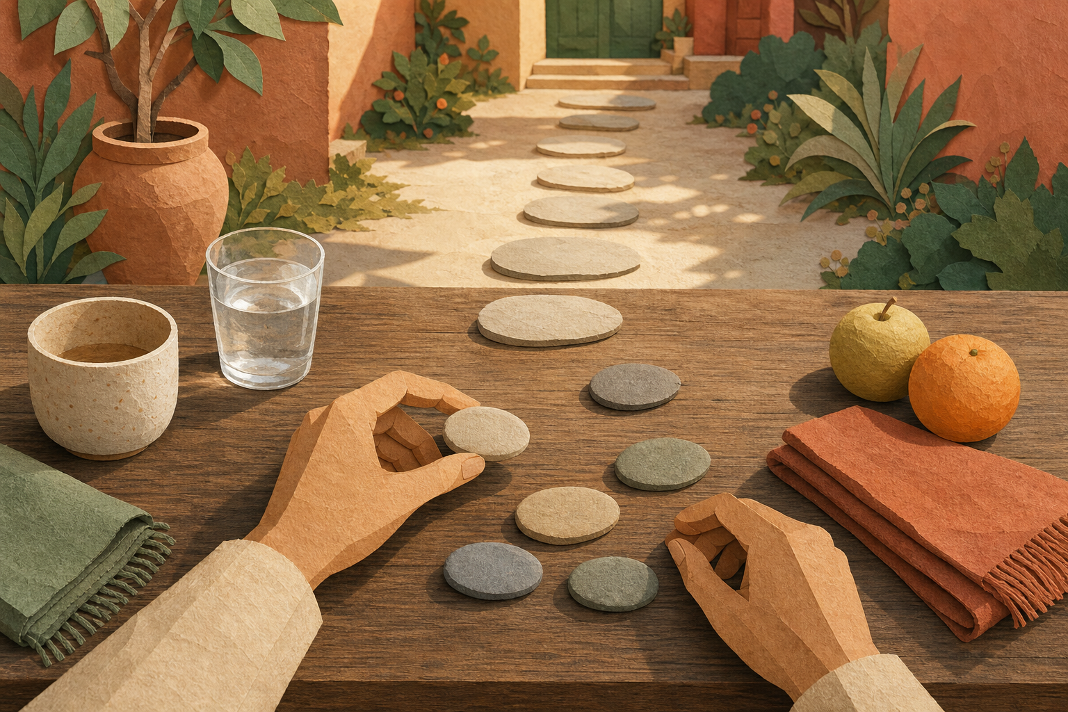 Hands choose a small stone beside everyday objects as a stepping-stone path extends across a sunlit courtyard.