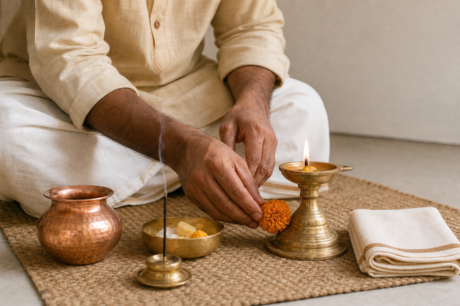 A seated devotee carefully places a flower beside a lit brass lamp and neatly arranged puja vessels.