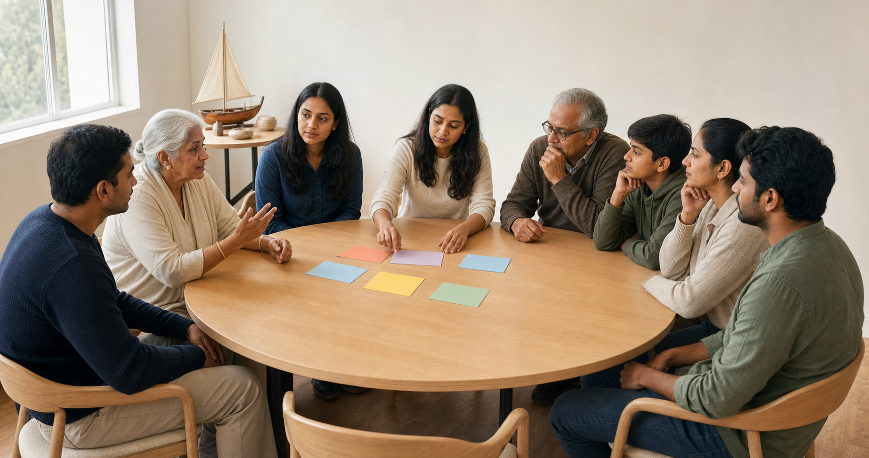 Community members of several generations sit in an equal circle discussing blank option cards arranged on a round table.