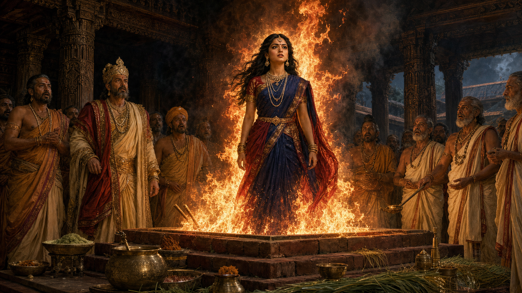Draupadi rises unharmed from a square sacrificial fire altar as King Drupada and priests watch inside a royal pavilion.