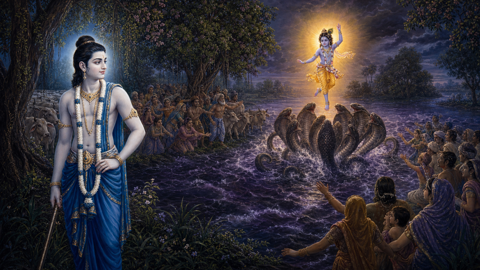 Balarama stands calmly among frightened residents and cows on the Yamuna bank while Krishna rises above the many hoods of Kaliya in the churning river.
