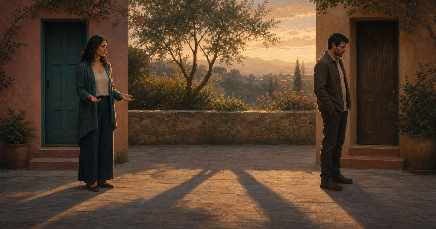 Two adults stand apart in a shared courtyard, one grounded and open-handed while the other looks disappointed and turns slightly away.