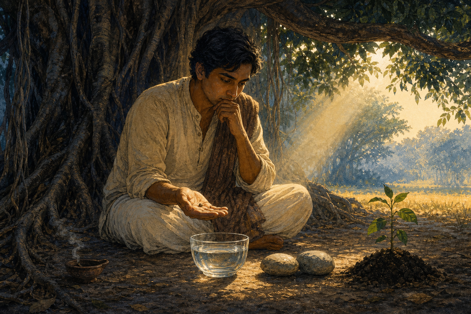 A person beneath a banyan tree studies a seed in their palm beside a bowl of water, balanced stones, a young plant, and an oil lamp.