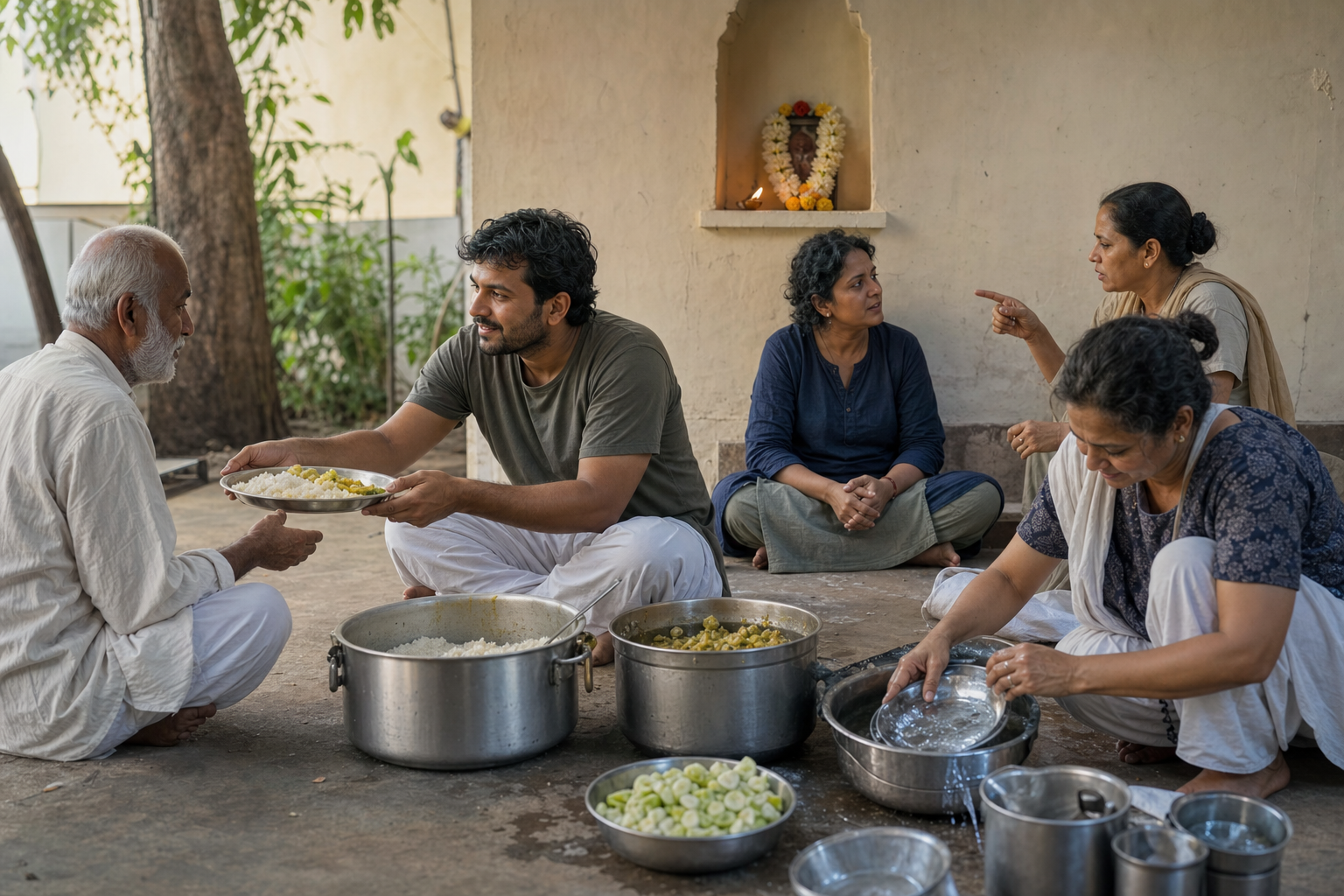 Volunteers prepare and serve a communal meal in a shaded courtyard while one person listens attentively to a fellow worker.