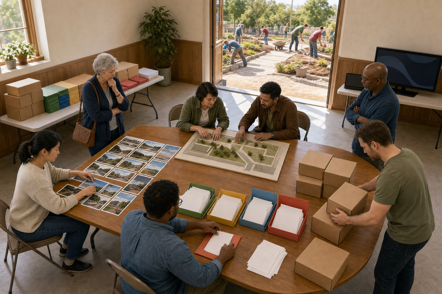 Volunteers and an independent observer review photographs, receipts, supply boxes, and an accessibility model around an organized campaign table.