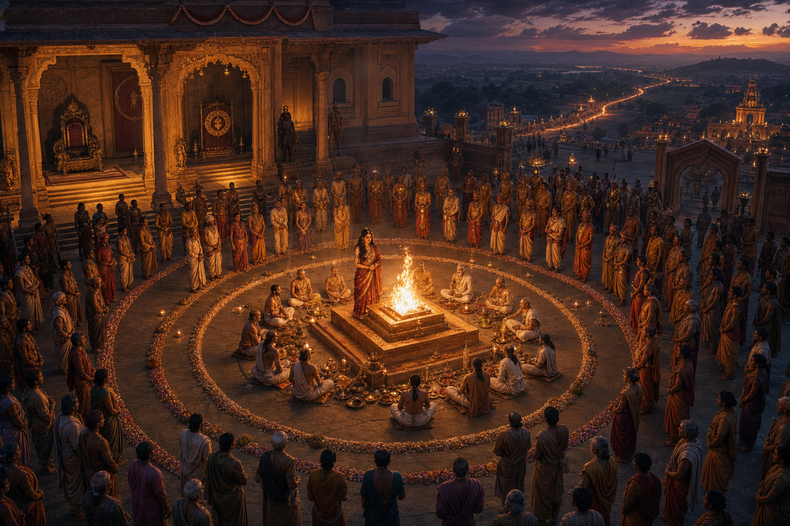 Draupadi stands beside a glowing fire altar in a royal courtyard surrounded by priests, courtiers, attendants and citizens.