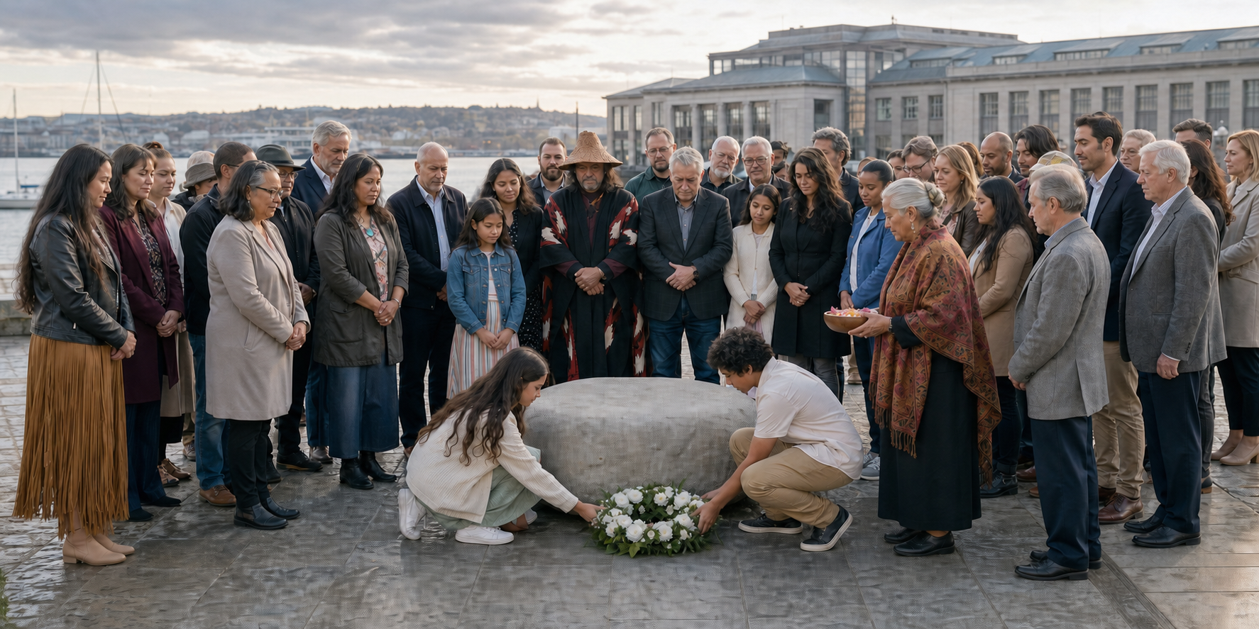 Young descendants place a wreath at an uninscribed waterfront memorial while families, cultural representatives and civic officials stand together behind them.