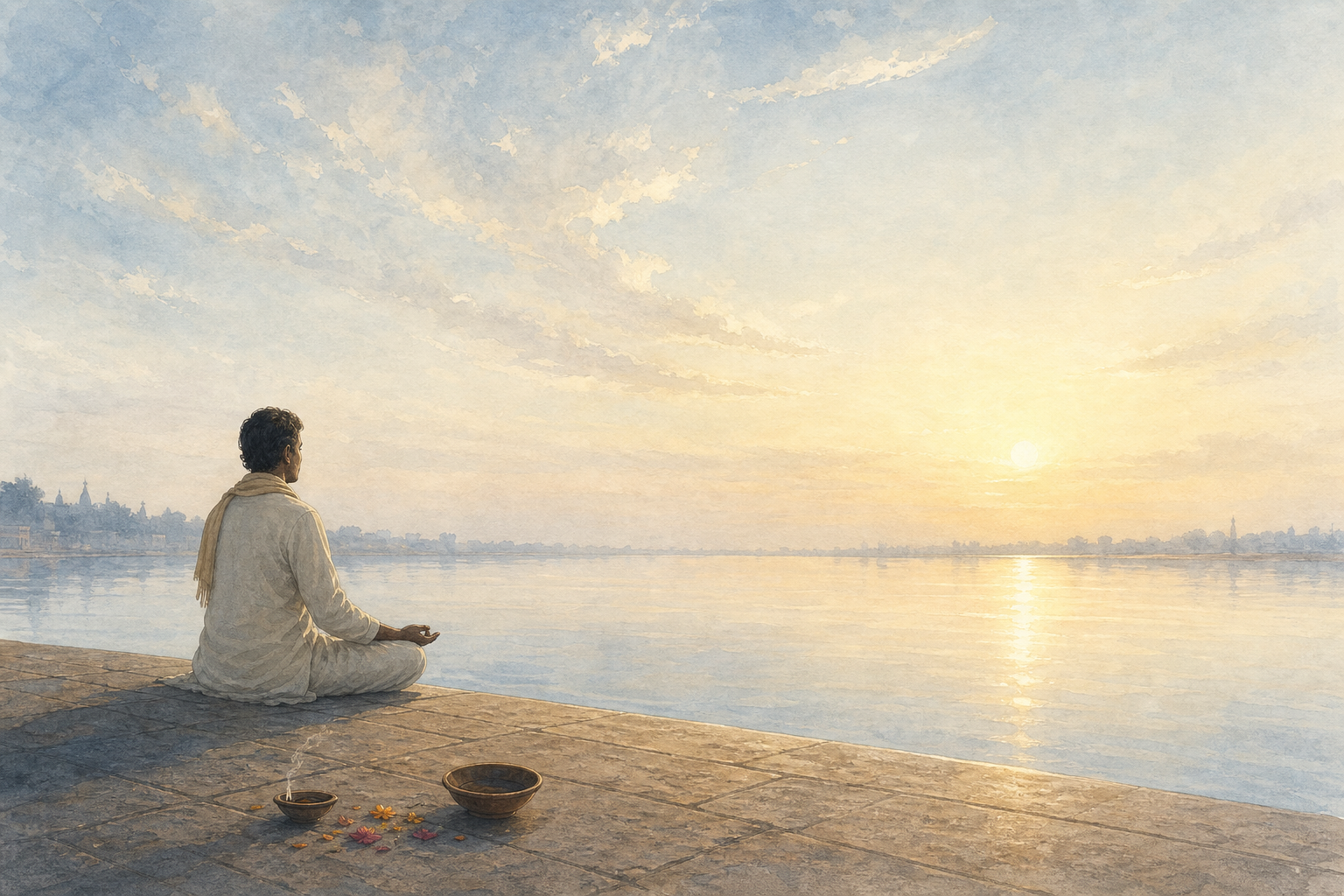 A practitioner sits beside a wide river at dawn with relaxed hands, an extinguished lamp, flower petals, and an empty offering bowl nearby.