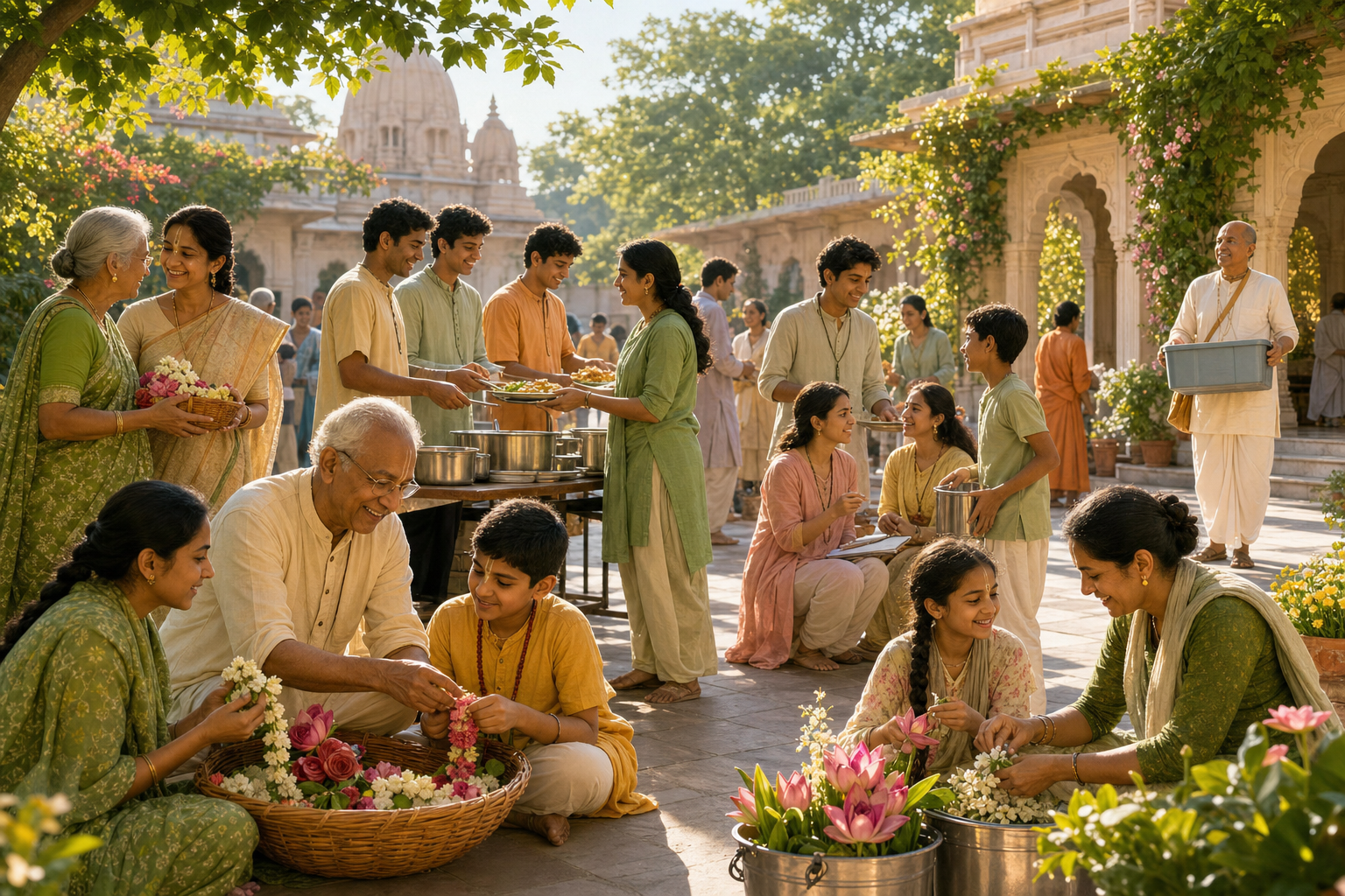 A multigenerational Vaishnava volunteer team independently manages meal service, welcomes guests, and mentors younger helpers in a temple courtyard.