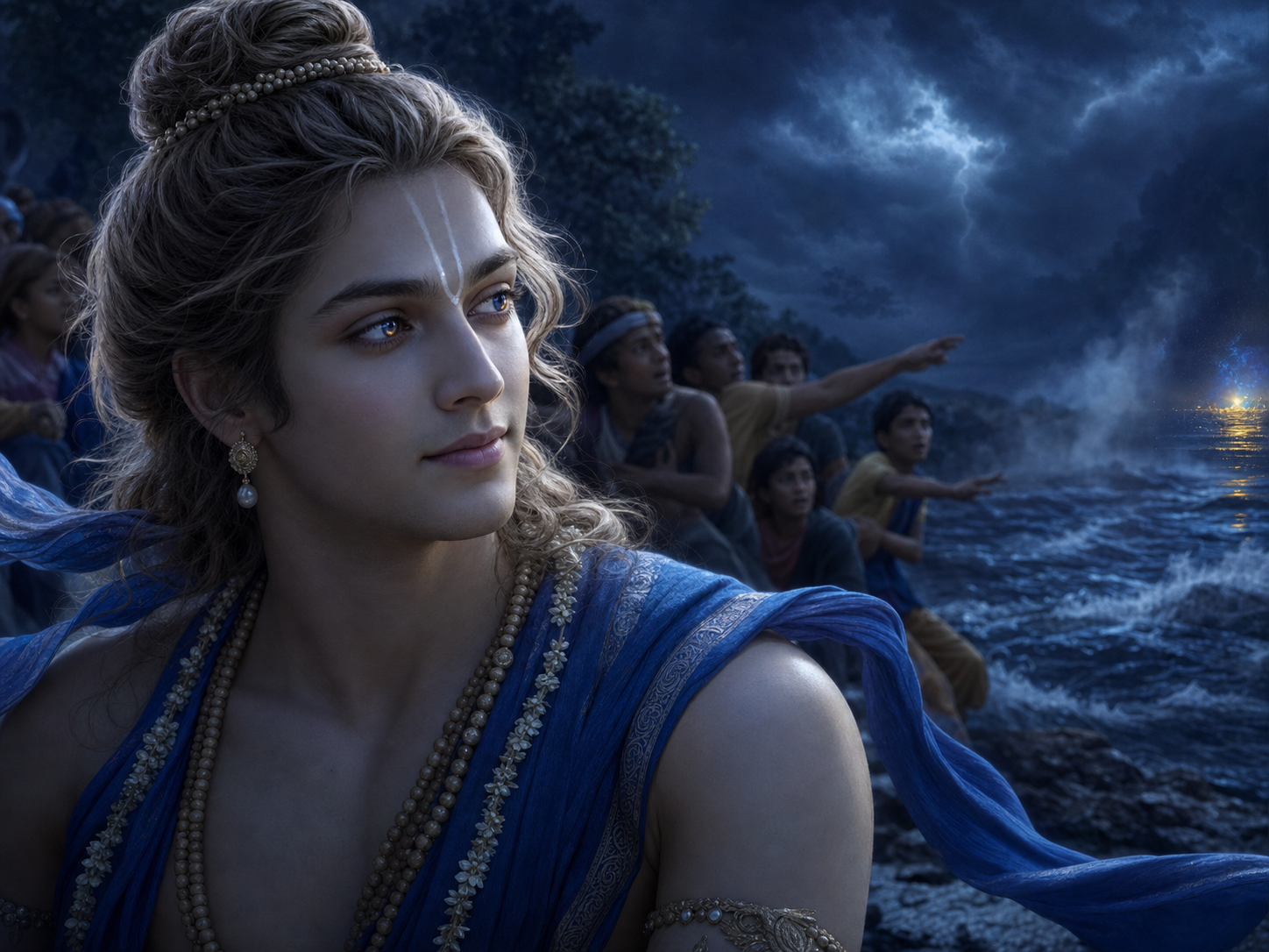 Balarama watches the troubled Yamuna with a slight smile while frightened cowherds gather in the softly focused background.