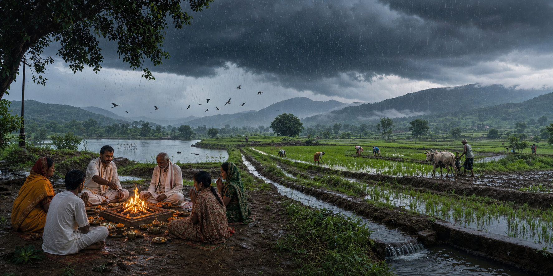 A community gathers around a small yajna fire beside water channels as monsoon rain falls over cultivated fields and a pond.