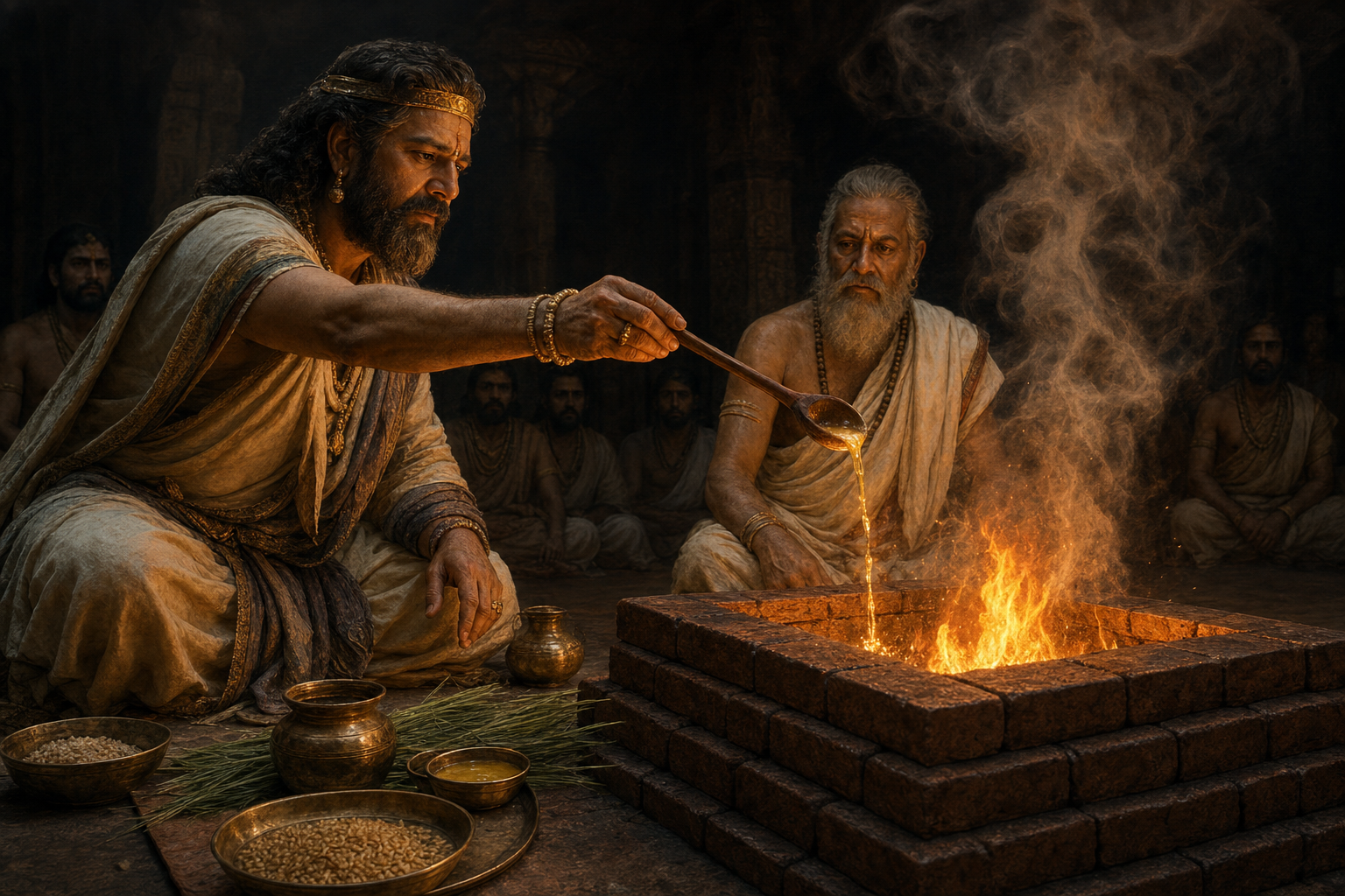 King Drupada pours an offering into a sacrificial fire while a priest and other witnesses observe the ritual.