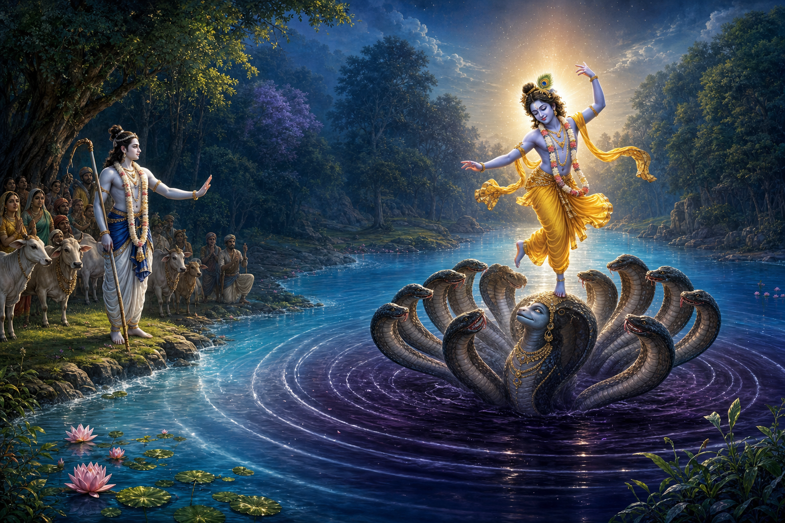 Krishna dances on Kaliya's hoods in a radiant river while Balarama watches steadily from the bank beside the frightened people of Vrindavana.