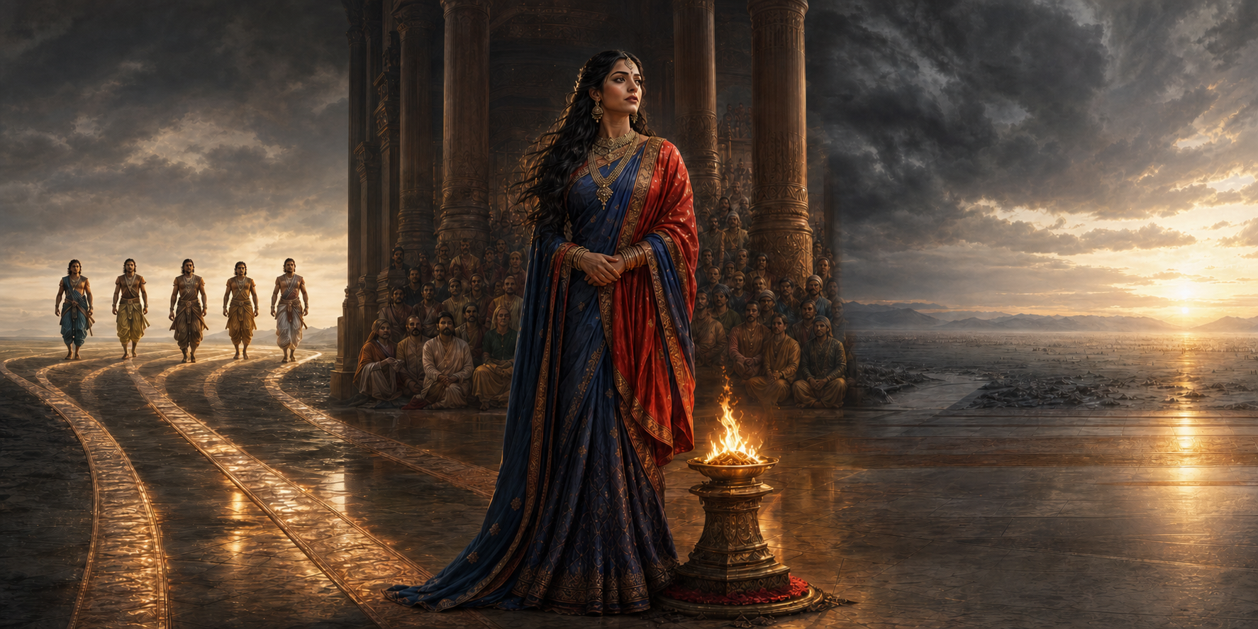 Draupadi stands beside a small flame between five approaching figures, a crowded pillared hall and a distant field at dawn.