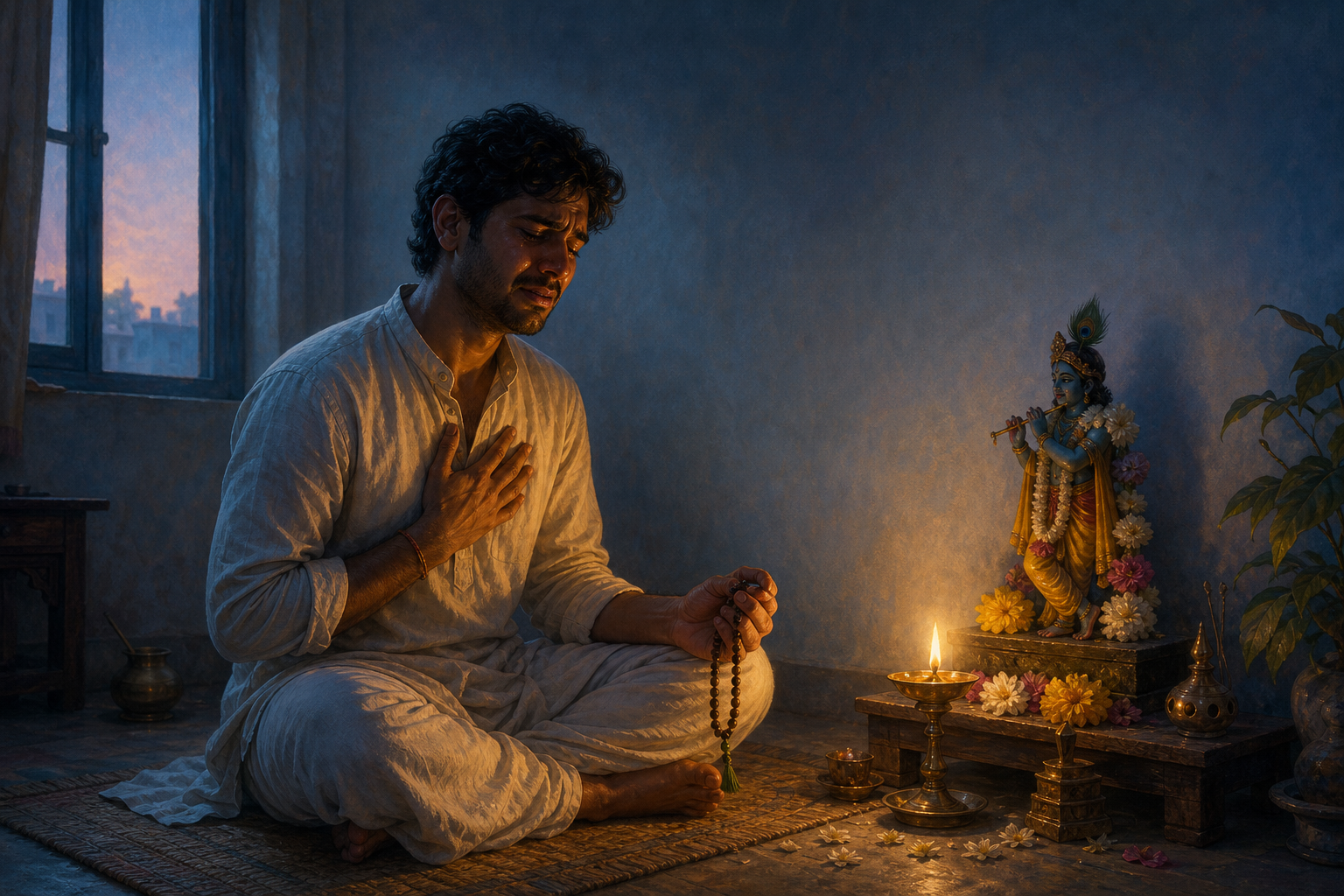 A devotee holding prayer beads sits honestly with difficult emotions before a flower-decorated Krishna altar at dawn.