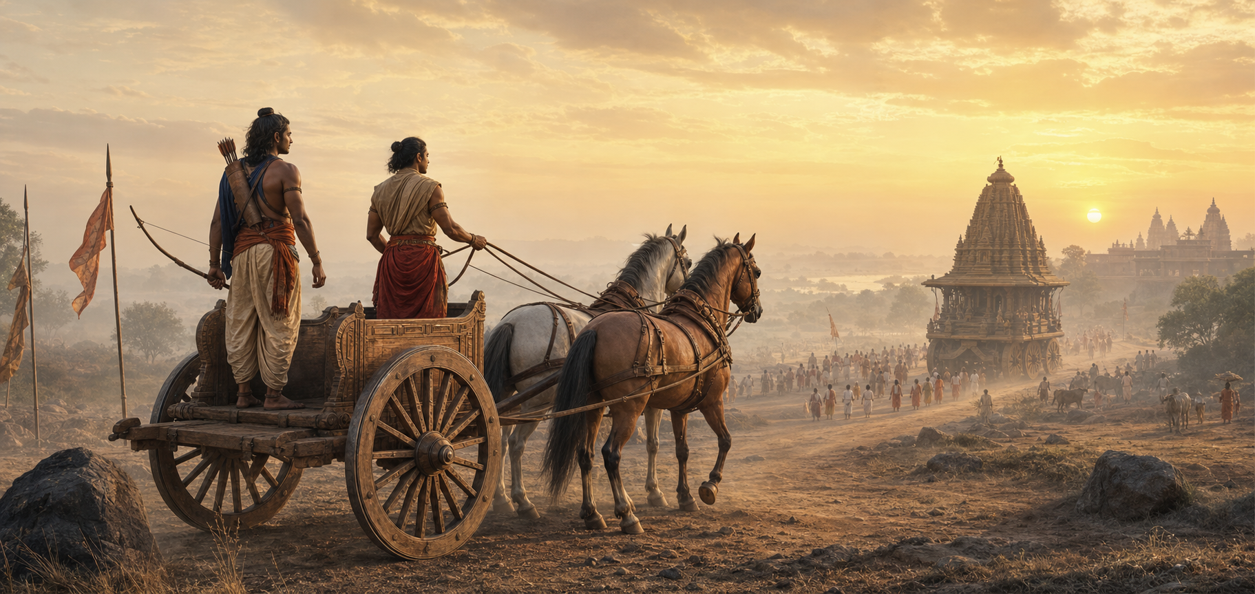 A charioteer and bow-carrying warrior ride a two-wheeled horse-drawn chariot at sunrise, with a large ceremonial chariot procession faintly visible in the distance.